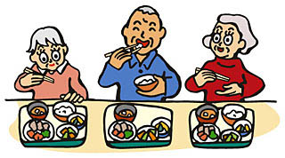 3人で食事をする高齢者